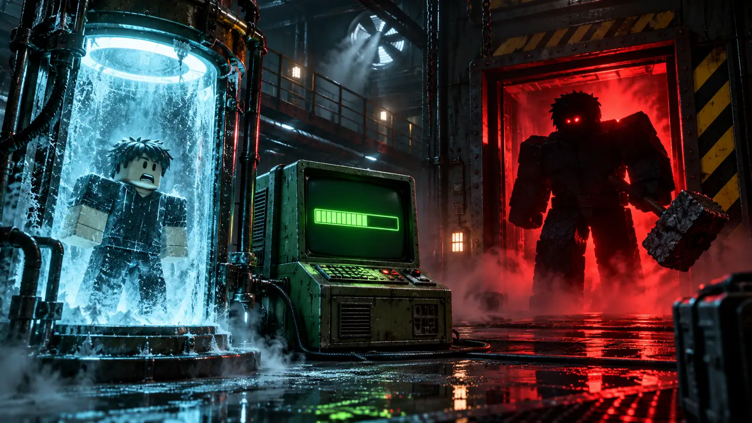 Facility corridor with a cyan freeze pod, a green hack terminal, and a red-eyed beast